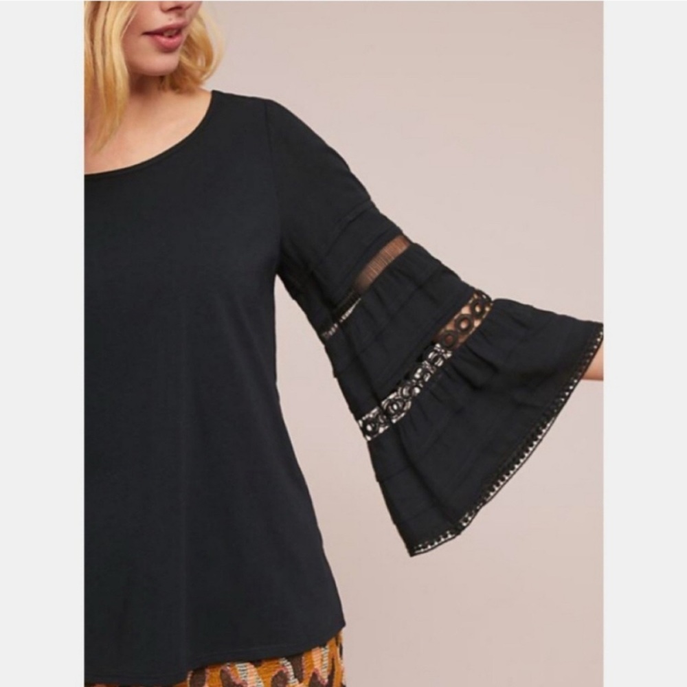 Anthropologie One September Black Lace Gauze Top Witchy Boho Bell Sleeves XS